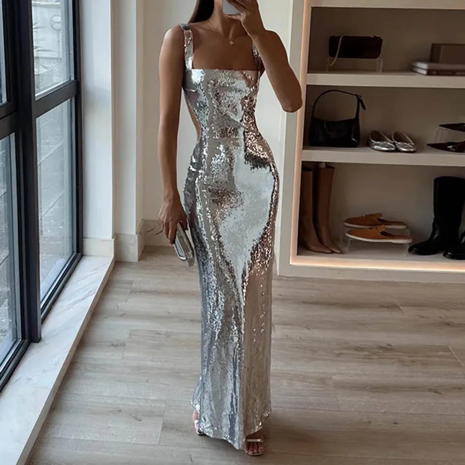 Flitrové ženy sexy maxi šaty módne štvorcové krk bez backcon bez rukávov večierok večerné šaty elegantné ženské obrady šaty