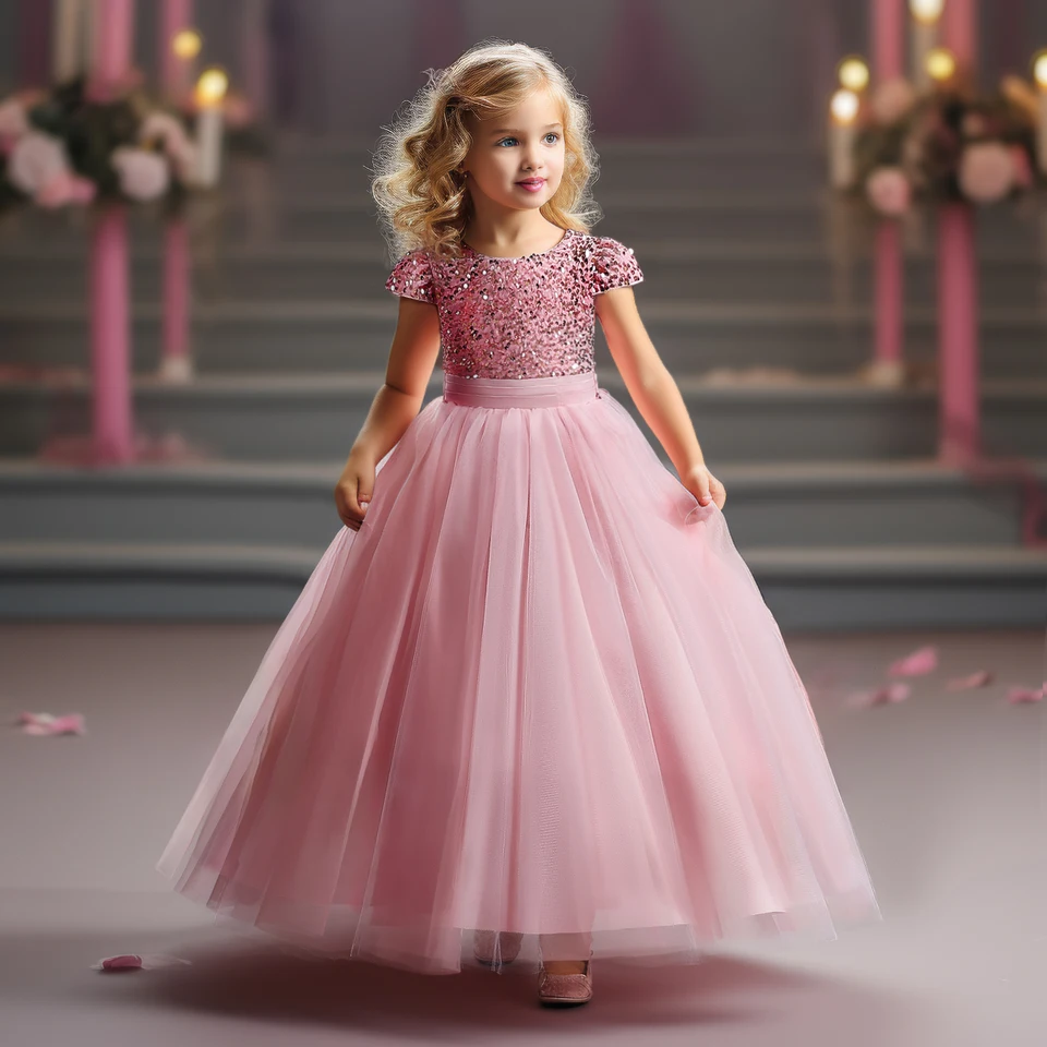 Flitry Flower Girl Dress Tulle Kids narodeninové oslavy sprievodné šaty pre dospievajúce dievčatá družičky Krátke rukávy Sparkly Šaty
