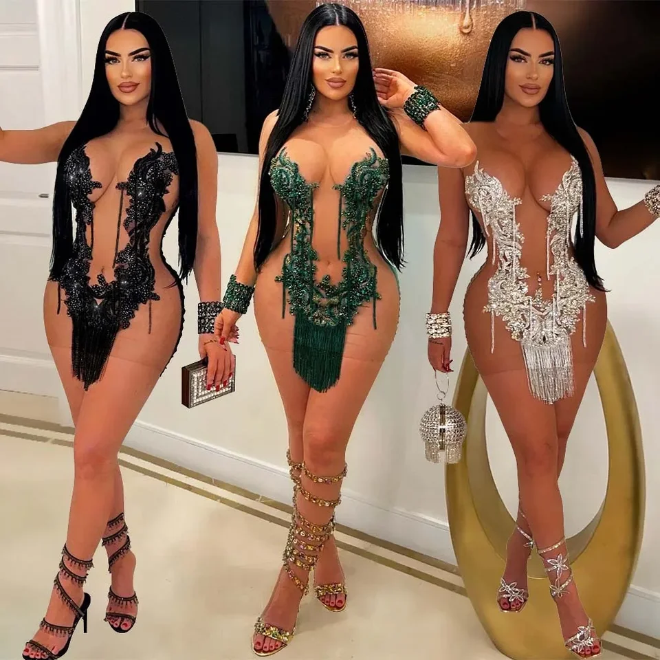 Flitry Fringe Sexy šaty Lady Mini Party Evening Bodycon Evening Dresses Ženy Summer elegantné luxusné narodeninové klub Stavové šaty