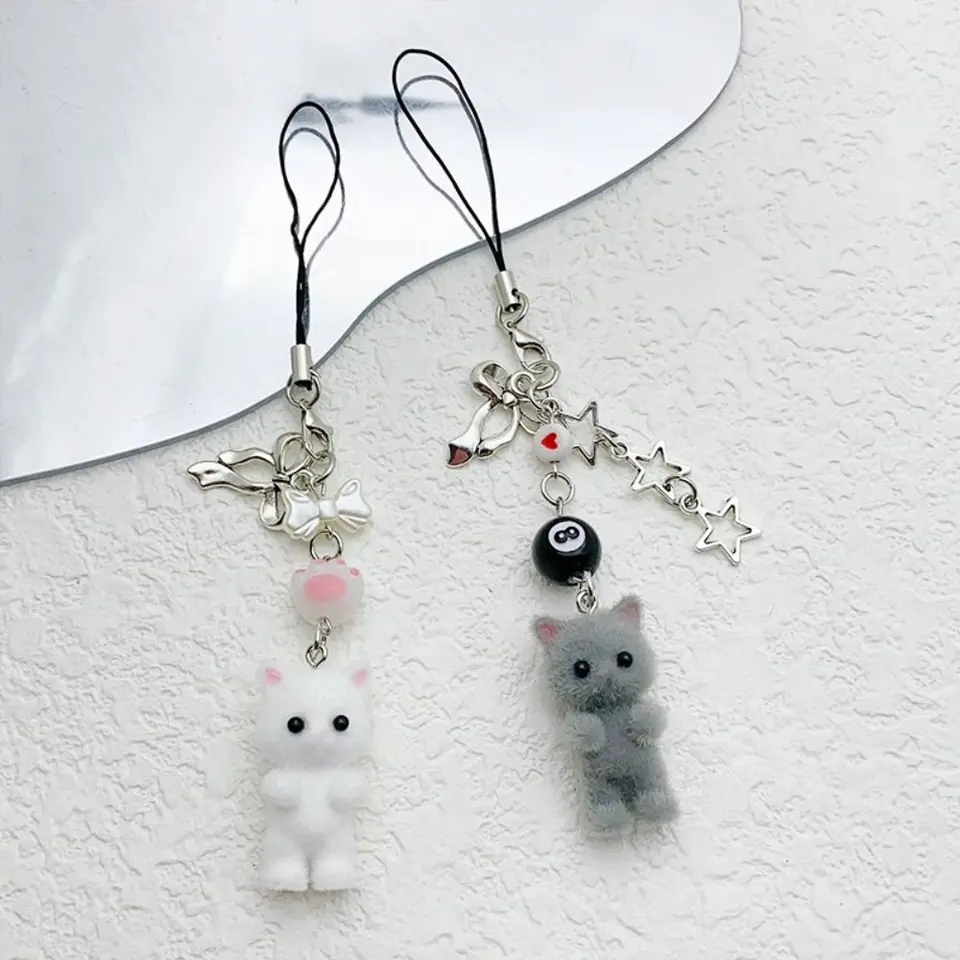 Flocking Flocking Cat Telefón Lanyard Anti Lost Keychain 3D mačiatko mobilný telefón reťaz Kórejský telefónny remienok Cat Mobilný telefón kúzlo