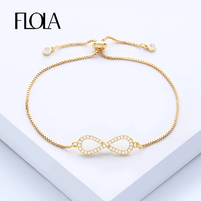 Flola Cz Crystal Infinity Bracelet pre ženy mikro spevnené zirkón Obrázok 8 kúzla náramky Zlaté šperky Veľkoobchod BRTA07