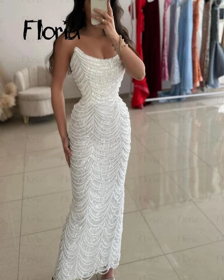 Floria biely kopčekový krk na krk členok dĺžky večerné šaty plné perly flitre elegantné šaty svadobné večere na mieru vyrobené Dubaj 2024