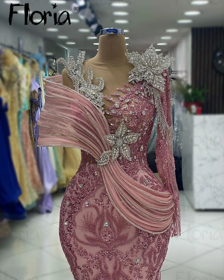 Floria Blush Pink Svadobné šaty Luxusné rufje plesové šaty s dlhým rukávom Arabské formálne príležitosti šaty na mieru na mieru šaty