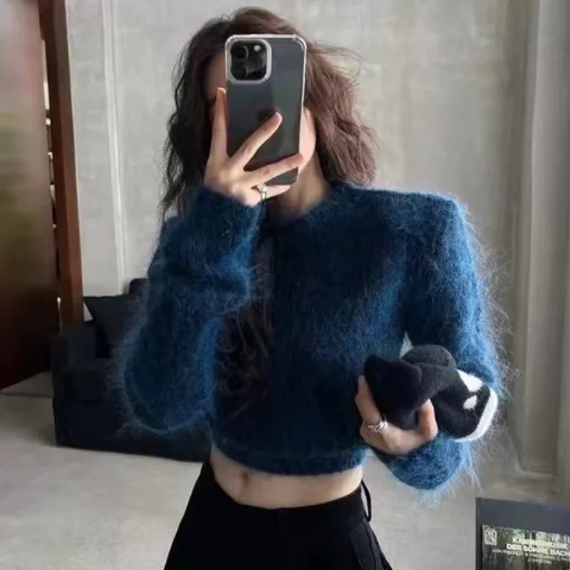Fluffy Angora Sweater Mink Cashmere pletený pullover pre ženy jeseň zima slim-fit krátky vrchol JZ312