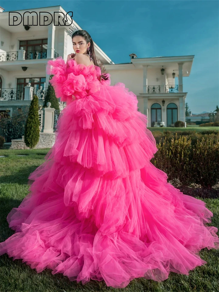 Fluffy Hot Pink Women Formálne šaty odstupňované z ramena Maxi Prom šaty večerné kokteilové šaty robe de soriee