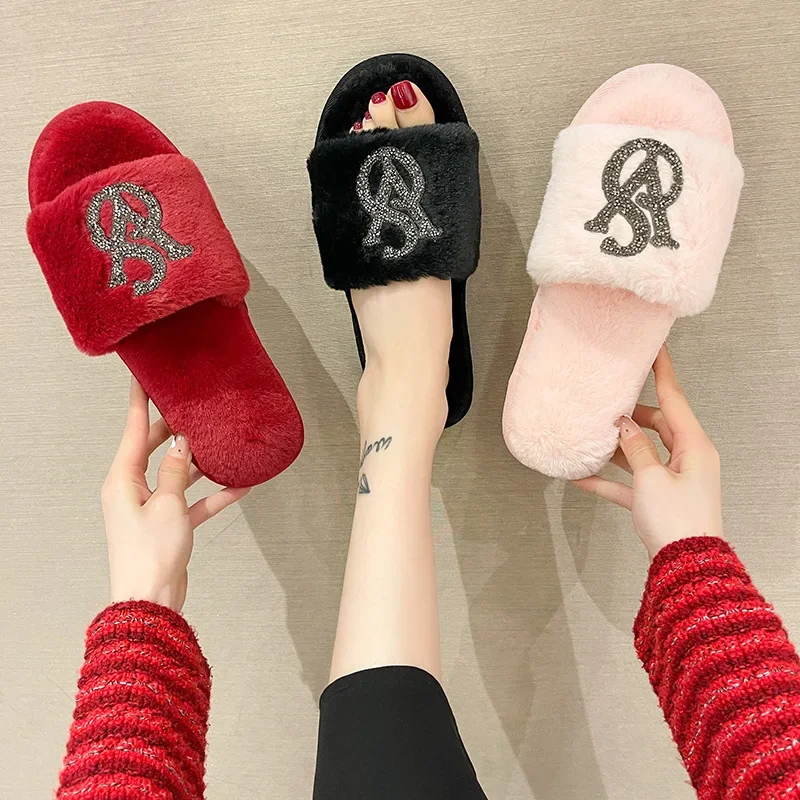 Fluffy Plippers Dámske domáce módne návrhárske topánky Dámy Populárne príležitostné platformy Indoor Fur Slides Girls Flats Otvorte špičku elegantné