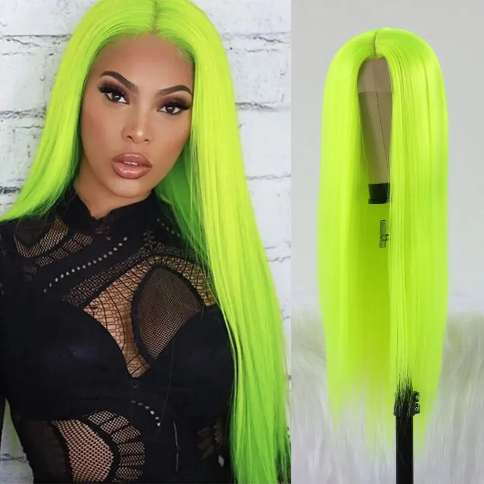 Fluorescenčné zelené parochne pre ženy neónové zelené dlhé priame čipky syntetické parochne s vlasmi bez tepelných vlasov odolných voči vlasom