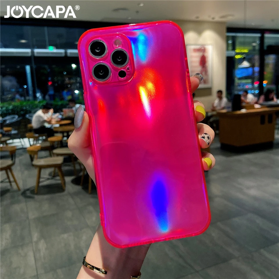 Fluorescenčný neónový laserový puzdro pre iPhone 13 12 11 Pro Max xr x xs 7 8 Plus SE2 Mini Candy Cance Clear Soft TPU párový kryt