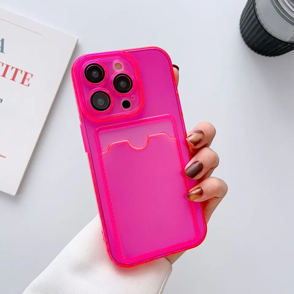 Fluorescenčný svetlý priehľadný mäkký puzdro pre iPhone15 14 13 12 11 11 11 Promax Candy Candy Slot Slot Wallet Bumper Capa