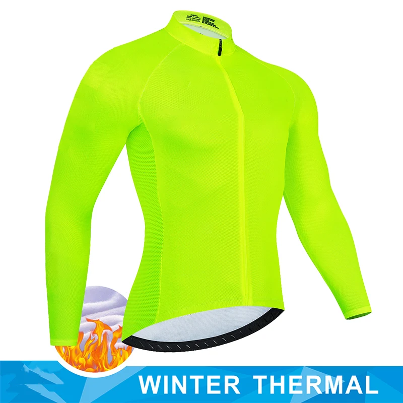 Fluorescenčný žltý cyklistický dres zimný tepelný fleece mens pro tím povýšený vysokokvalitný dres bicyklov MTB Road Bicycle