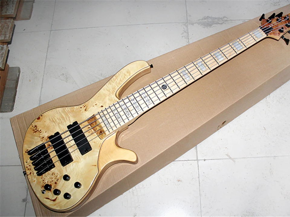 Flyoung 5 Strings Burl Maple Top Electric Bass Guitar s čiernym hardvérom, ponúkajte prispôsobenie