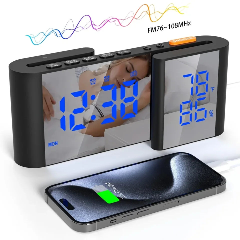 FM Radio Digital Alarm Temp Vlhkosť 2 Alarm 15 úrovne Zväzok 12/24H Snooze S Soozed S Tabuľky LED tabuľky s výstupným portom USB s výstupným portom USB