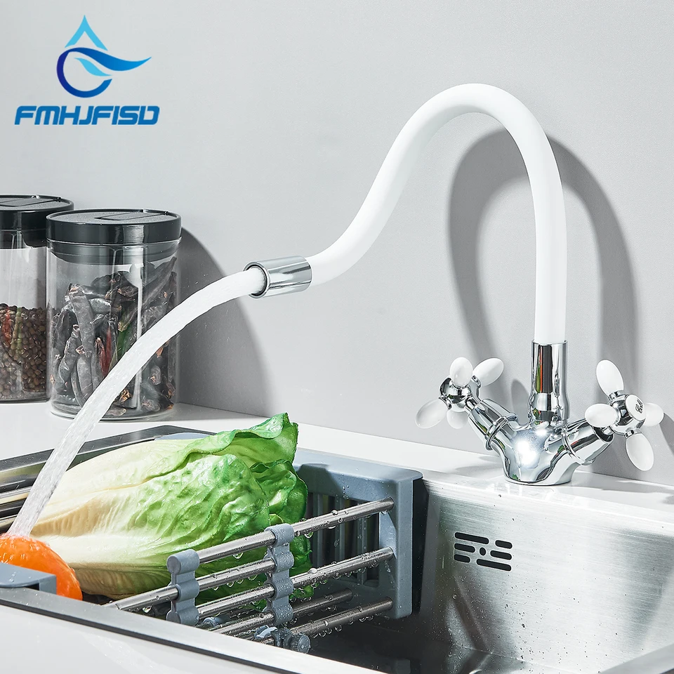 Fmhjfisd kuchynský umývadlo Faucet Flexibilný biely/čierny rúrka Zinok zliatina horúca studená voda Mixer Tap Dual Rucker 360 ° rotačný žeriav
