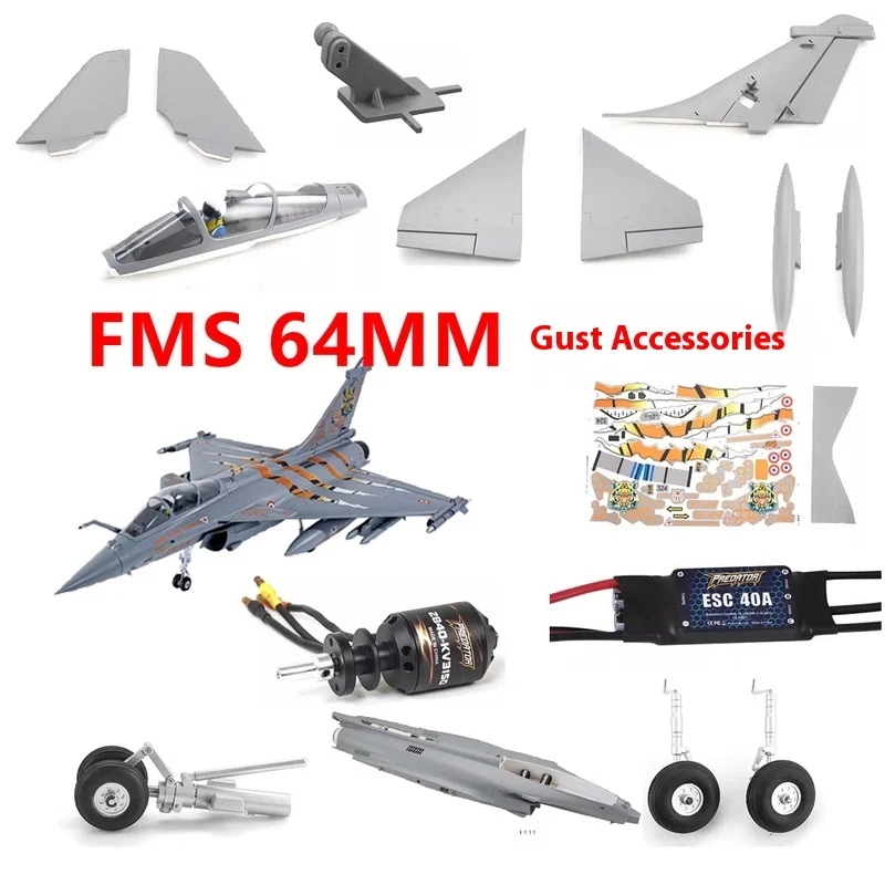 FMS 64 mm Gust Kompletná súprava príslušenstva, podvozok, trup, hlavný krídlový motor, elektricky nastaviteľná nálepka, kryt nosa