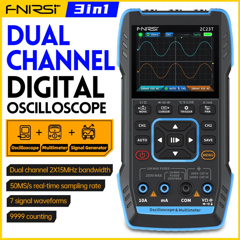 FNIRSI 2C23T 3 v 1 multimetrovom digitálnom generátore funkcie digitálneho osciloskopu 9999Counts AC DC napätie 50ms/s 10MHz duálny kanál