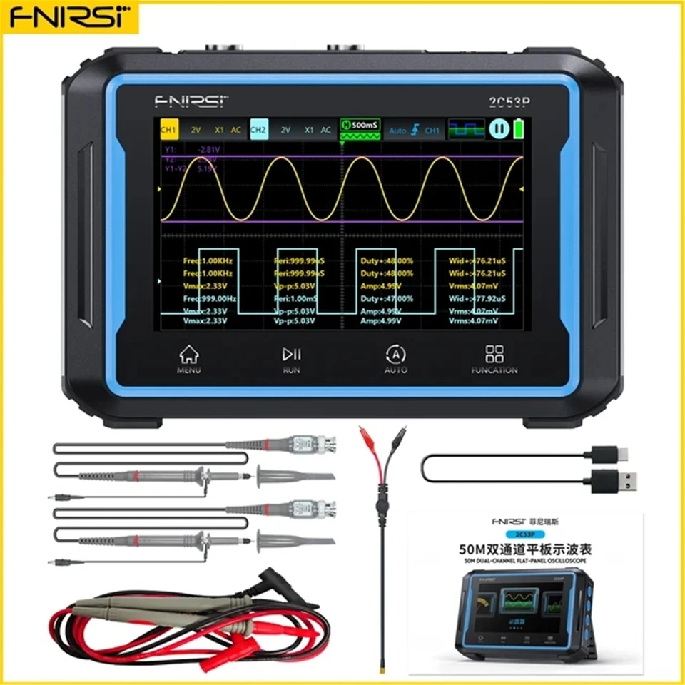 FNIRSI 2C53P 3 v 1 digitálny generátor signálu osciloskop Multimeter dotykovej obrazovky Duálny kanál 50MHz 250ms/s 1999 Counts