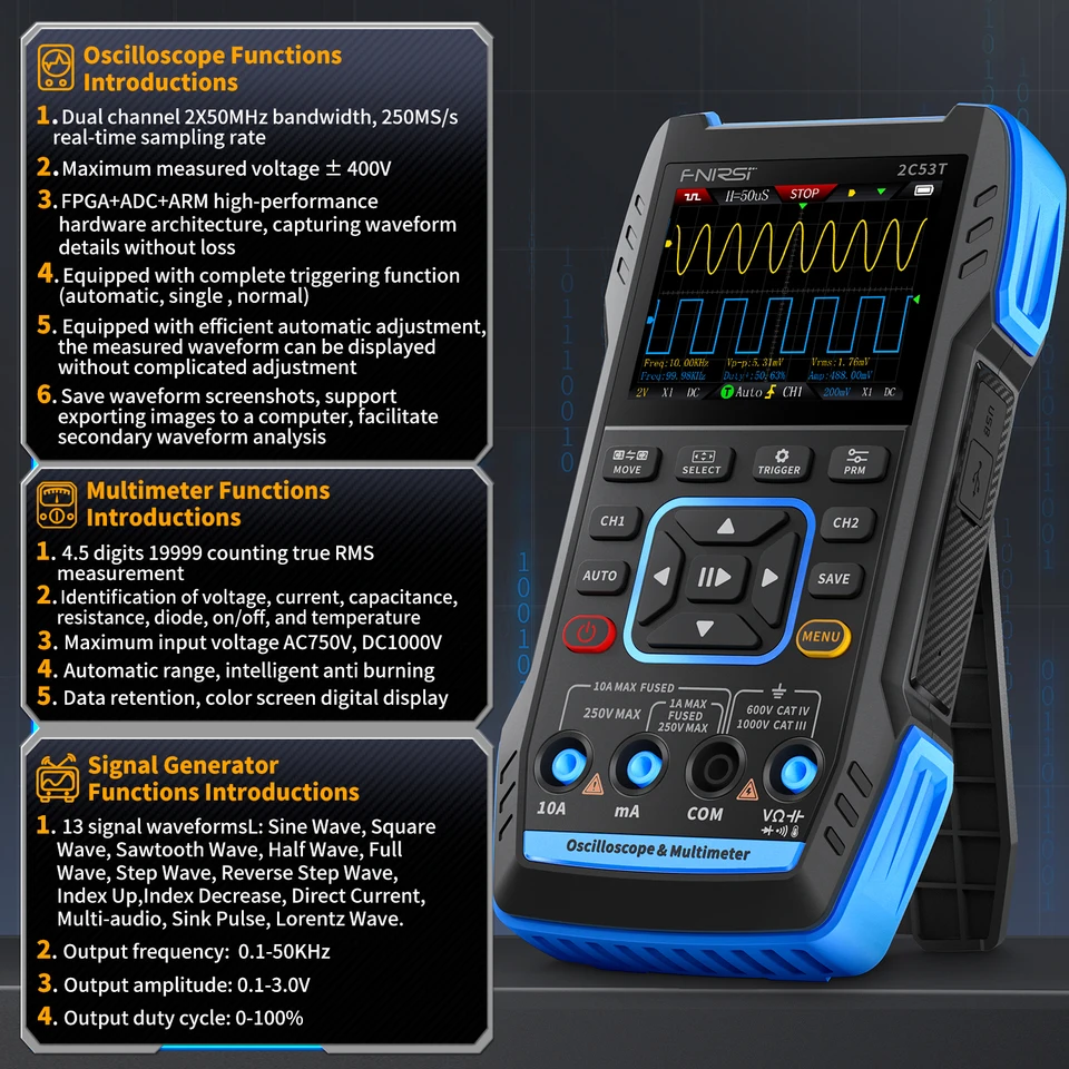FNIRSI 2C53T 3in1 Multimeter digitálneho generátora digitálneho osciloskopového signálu 2 kanál 50MHz šírka pásma 250ms rýchlosť 20000 počty T-RMS