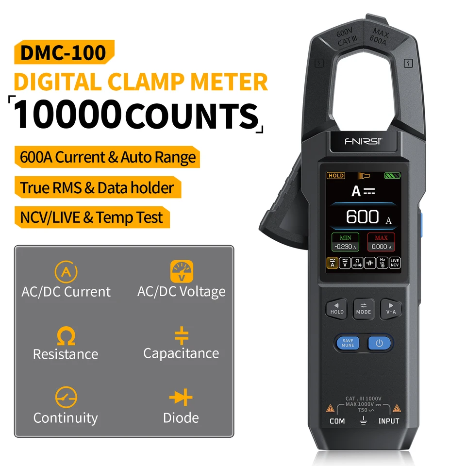 FNIRSI DMC-100 DC DC CAMP CLAMP CLAMP 10000 Počíta digitálny multimeter 600a Amperimetrický svorka NCV Elektrické nástroje NCV