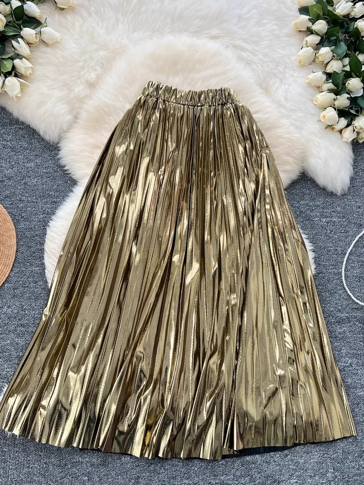 Foamlina American Cool Retro Metal Feeling Gold Long Sukňa Dámsky vysoký pás show tenká elegantná stredná sukňa jesenná jar