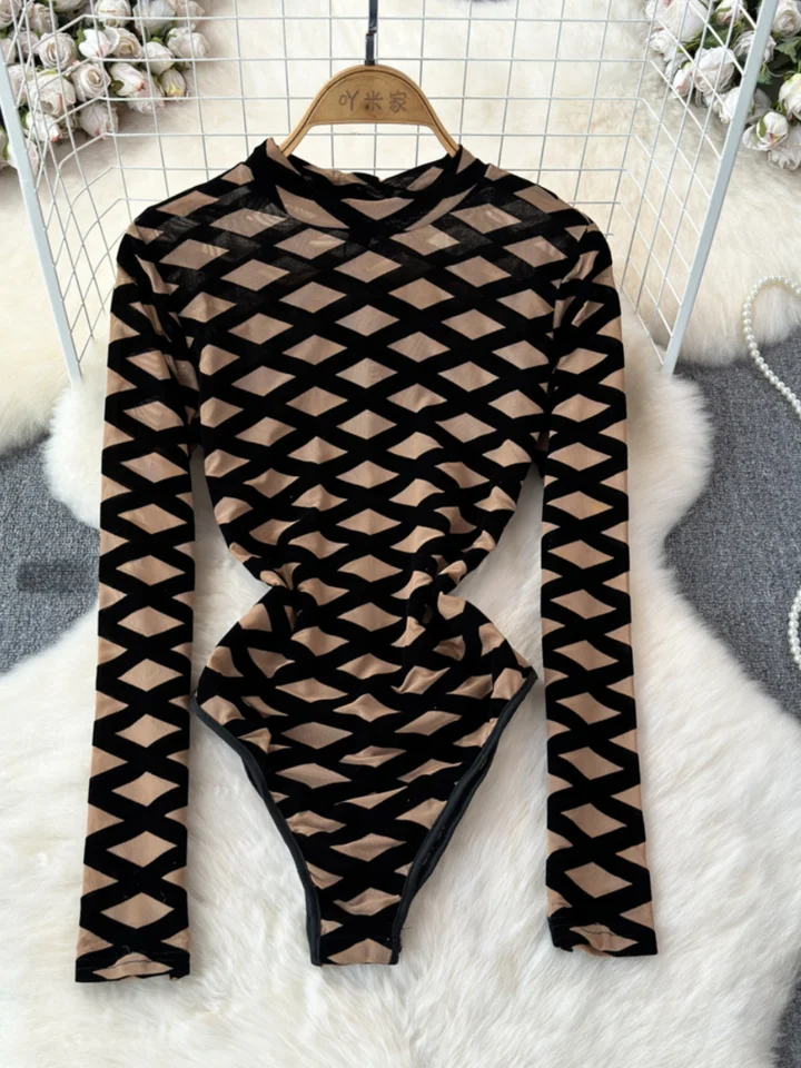 Foamlina BodySuits Ženy módne dutiny ôt s dlhým rukávom stojan na golier Plaid Plaid