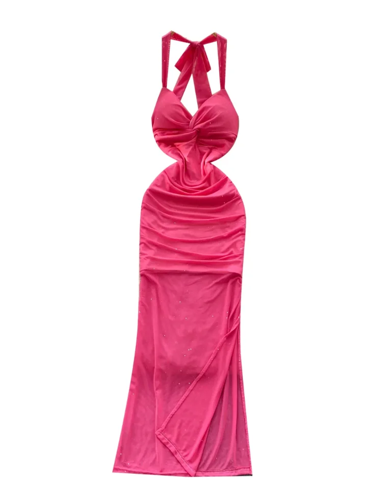 Foamlina Pure Desire Slim V-Neck Sling Dress Rose Ružový pás Svetlé sviatočné šaty pre ženy 2025 NOVINKA