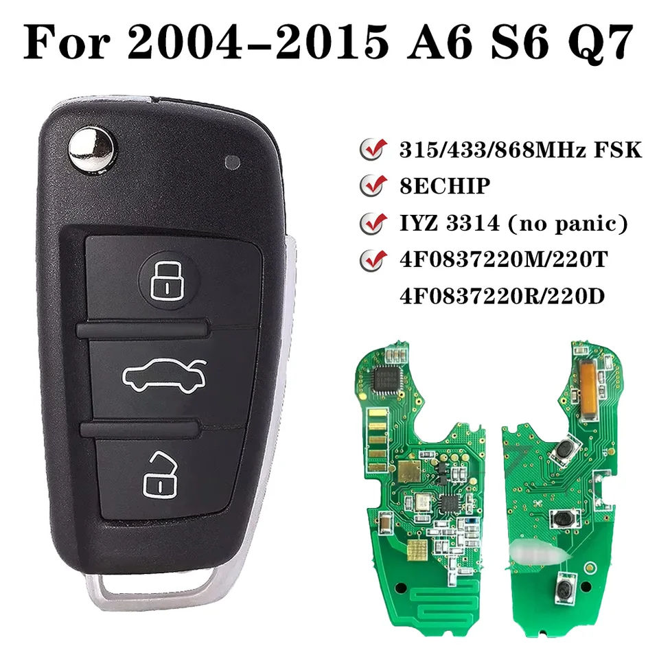 FOB Flip Key 8E Chip 315 434 868 MHz pre 2006 -2015 A6 Q7 S6 IYZ 3314 4F0837220R 4F0837220M 4F0837220T 3 Diaľkové tlačidlá