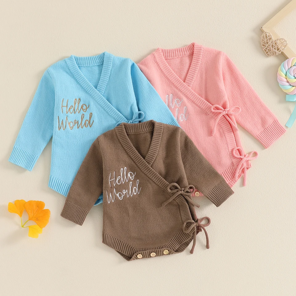 FocusNorm 0-3M Novorodenecké dievčatá chlapci Sweater Rompers 3 Colors Letter vyšíva V-krk dlhé rukávy Bočné zviazanie kombinézy