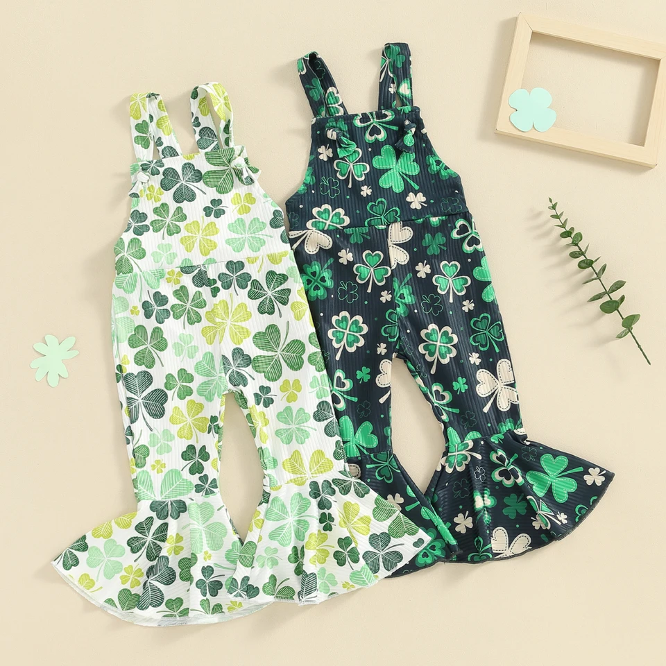 FocusNorm 0-4y batoľatá dievča dievčatá Dievčatá kombinézy Panty Four Leav Clover Print bez rukávkov bez rukávov bezprostredne bezstranne
