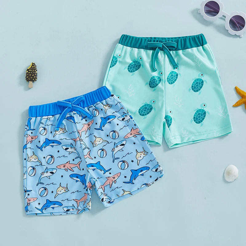 FocusNorm 0-5Y Summer Kids Boys Plávanie šortiek 2 farby roztomilý žralok/morská korytnačka tlač elastický pásový šortky