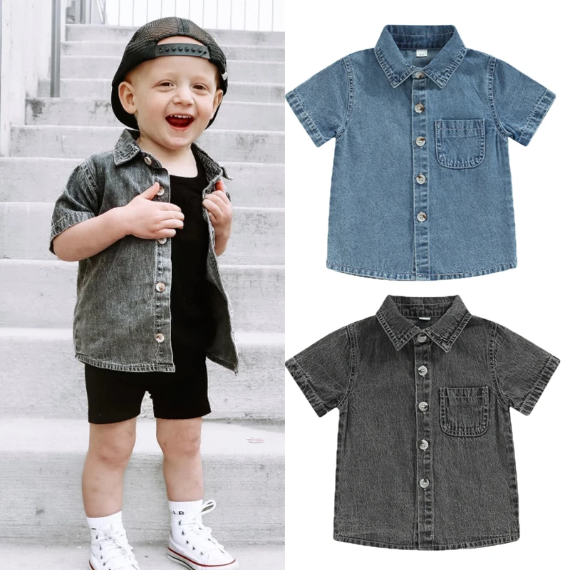 FocusNorm 0-6y Dojčenské detské chlapcov letné košele Outwear 2 Farby Solid Denim Denim krátke rukávy Single Breasted Tops