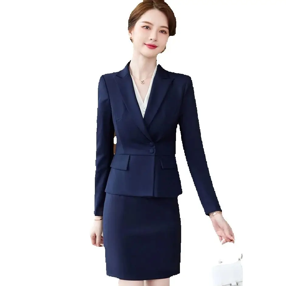 Fomral Navy Blue Blazer Dámske obchodné obleky sukne a bundy práce na nosenie kozmetických kancelárskych uniformných štýlov