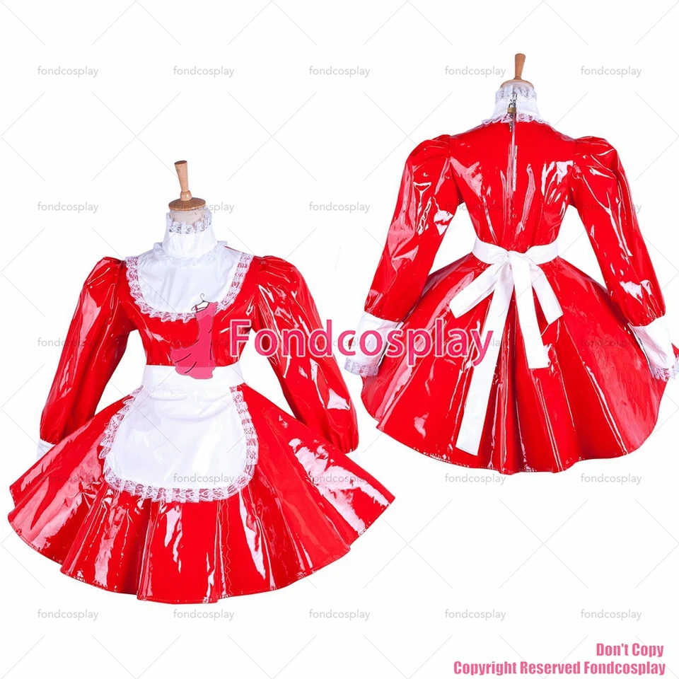 fondcosplay dospelý sexy krížový dresing Sissy Maid Stručne červené ťažké PVC Lockable Dress Vinyl Uniforma White Zásada CD/TV [G1544]