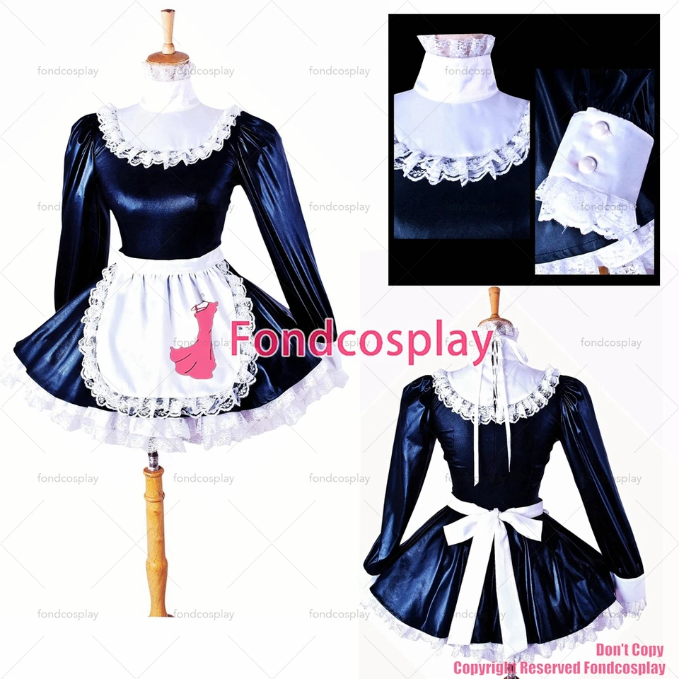 fondcosplay dospelý sexy krížový dresing sissy slúžka krátky čierny tenký tenký PVC Uniformné šaty biele zástera CD/TV [G1413]