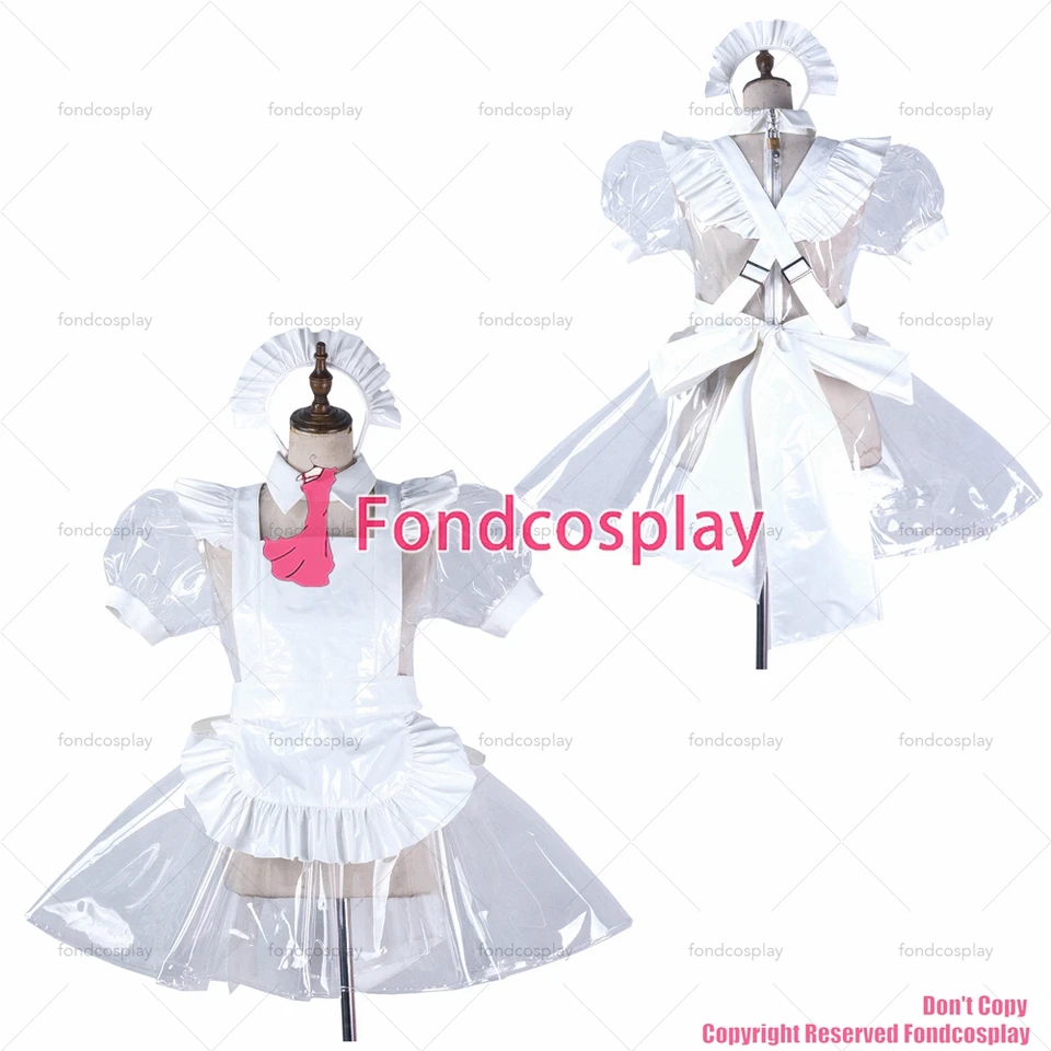 fondcosplay dospelý sexy krížový dresing sissy slúžka krátke čisté pvc šaty Lockovateľné uniforma bielej zástery kostým CD/TV [G2191]