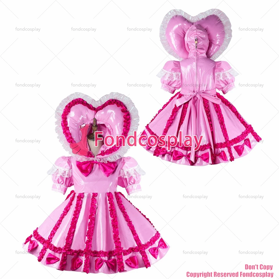 fondcosplay dospelý sexy krížový obliekanie Sissy Maid Short Baby Pink Thin PVC Dress Lockable Uniform Hood CD/TV [G2161]