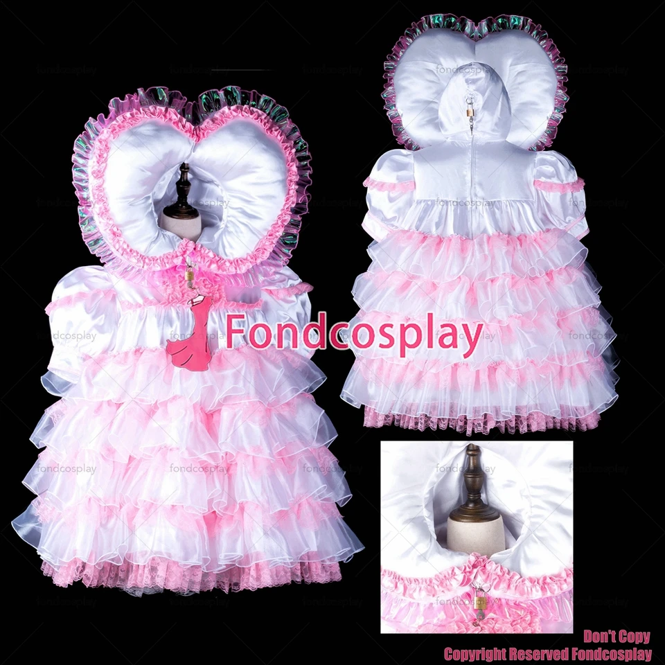 fondcosplay dospelý sexy krížový obliekanie Sissy Maid Baby Ružová biela satén Organza Heart Hood Dress Lockable kostým CD/TV [G2391]