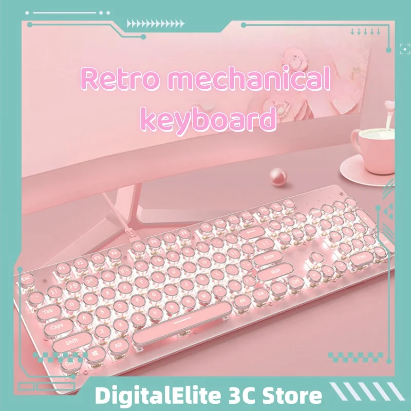 Forerunner Retro Mechanical Keyboard 104 Kľúč ženský kancelársky myš Set Wired Blue Axis Game Pink Aclecia Klávesová myš myš