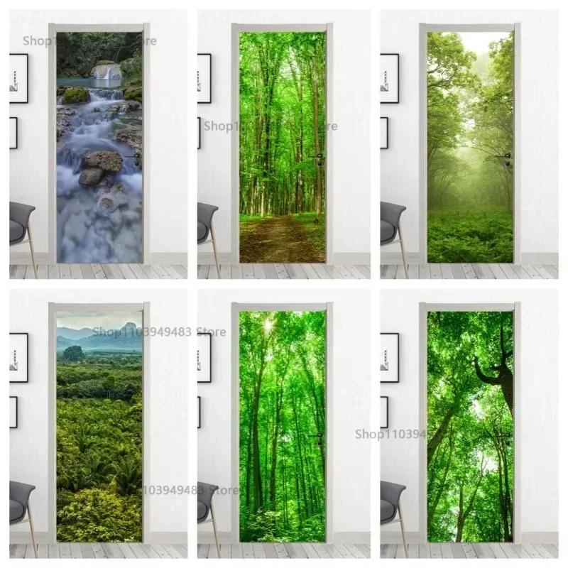 Forest Series Zelené rastliny Dverné nástenné maľby nepremokavá self-pasívna tapeta pre nástenné obtisky Domáca skrinka dekoratívna nálepka