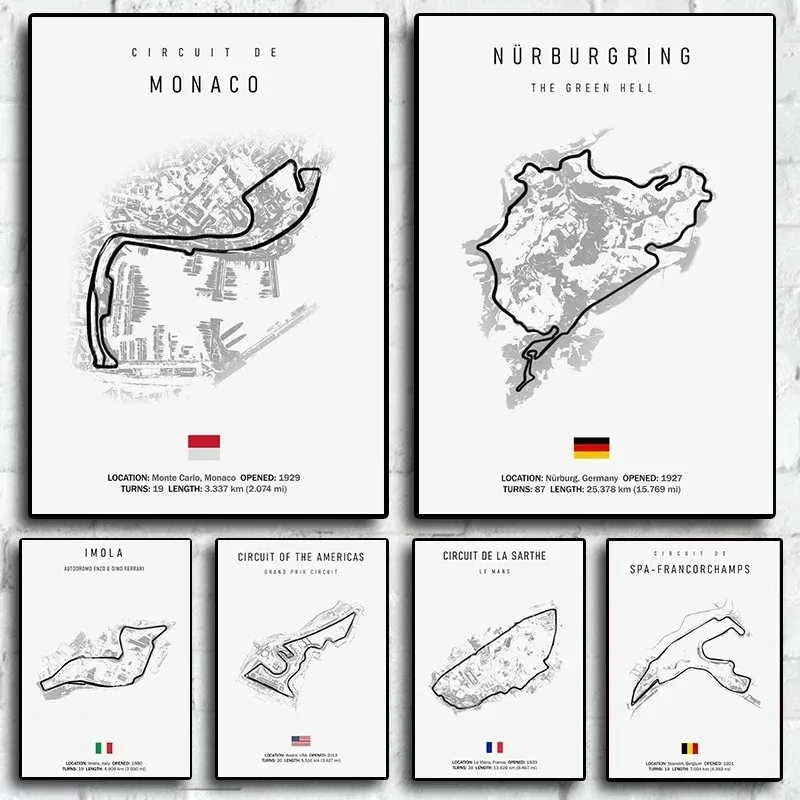 Formula 1 Internationa Track Circuit Canvas Painting F1 Wall Art Nordic Poster Estetický motorsport preteky Obrázok pre domáci dekor