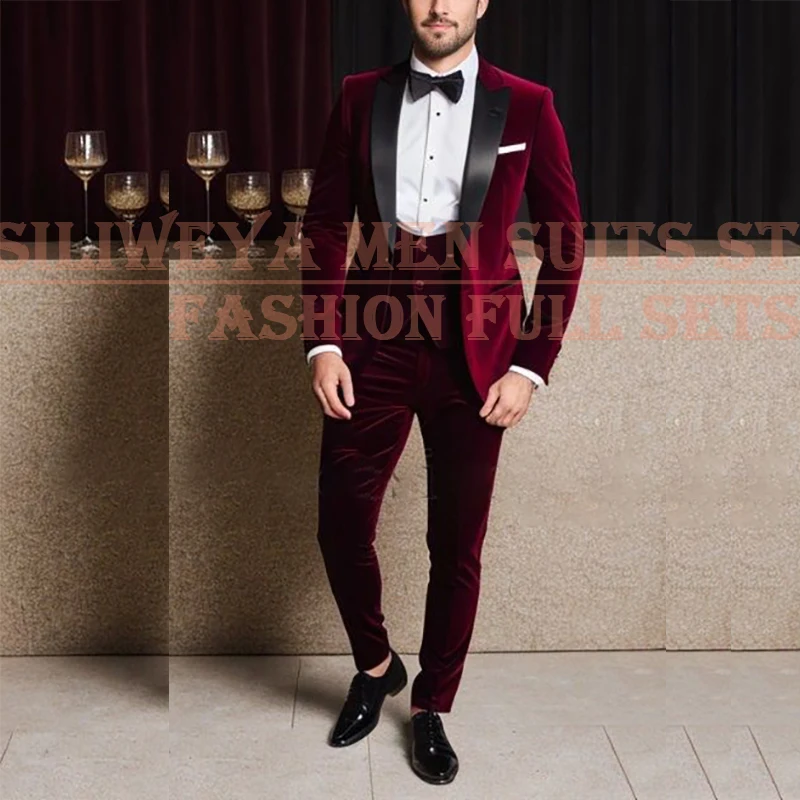 Formálne 3 -dielne pánske obleky na svadbu 2025 Velvet One Gomptex vrchol klopa Slim Fit Mužské oblečenie módne bunda nohavice