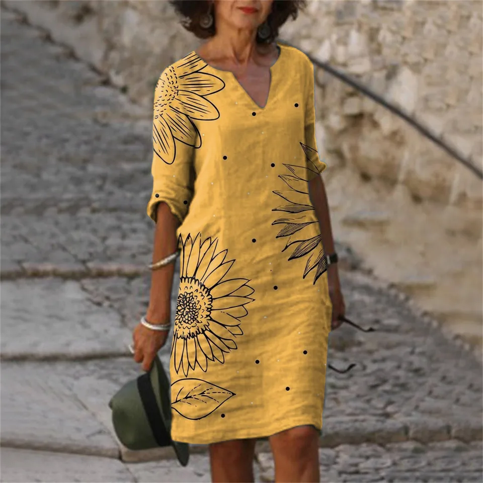Formálne oblečenie Dámske dámske denné bavlnené bielizeň Small V Neck Retro Retro Tri štvrtiny rukávy Dámske dámske príležitostné plus dlhé šaty