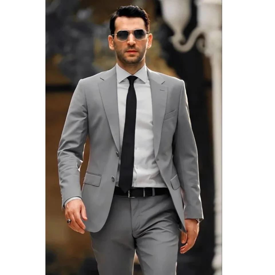 Formálne pánske obleky sivé neformálne 2 -kusové nohavice Panty Slim Fit Single Breatted Notch klope Elegantné plné obchodné kostým Homme