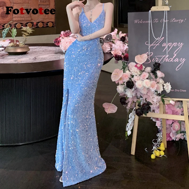 Fotvotee Fashion Sequins Dámske večerné šaty sexy v krk dutina out backless štrbina dlhé šaty narodeninové oslavy klub lesklé šaty