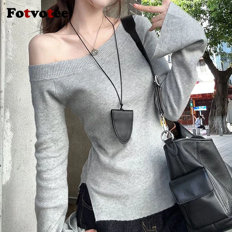 FotVotee sexy mimo plece pletené vrcholy Ženy Elegantný diagonálny golier s dlhým rukávom štrbina pullover módne príležitostné ženské svetre