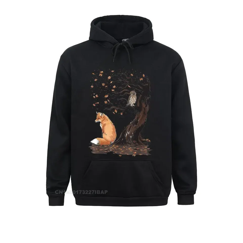 Fox a sova na strome Lover Animal Lover Cute Autumn Liss Liss Hoodie Hip Hop Dámske kapucňa Pohodlné oblečenie módne mikiny
