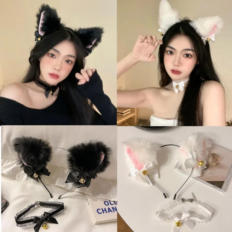 Fox Cat Ears kožušina čelenka obruče čipky zvončekový náhrdelník plyšový vlasy Halloween cosplay rekvizity headary vianočné večierky darčeky