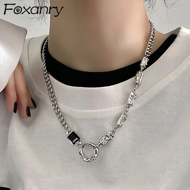 Foxanry Black Zircons Retial Karile Recumlace Nová móda Jednoduchý nepravidelný okrúhly geometrický ručne vyrábaný narodeninový oslava šperky darčeky