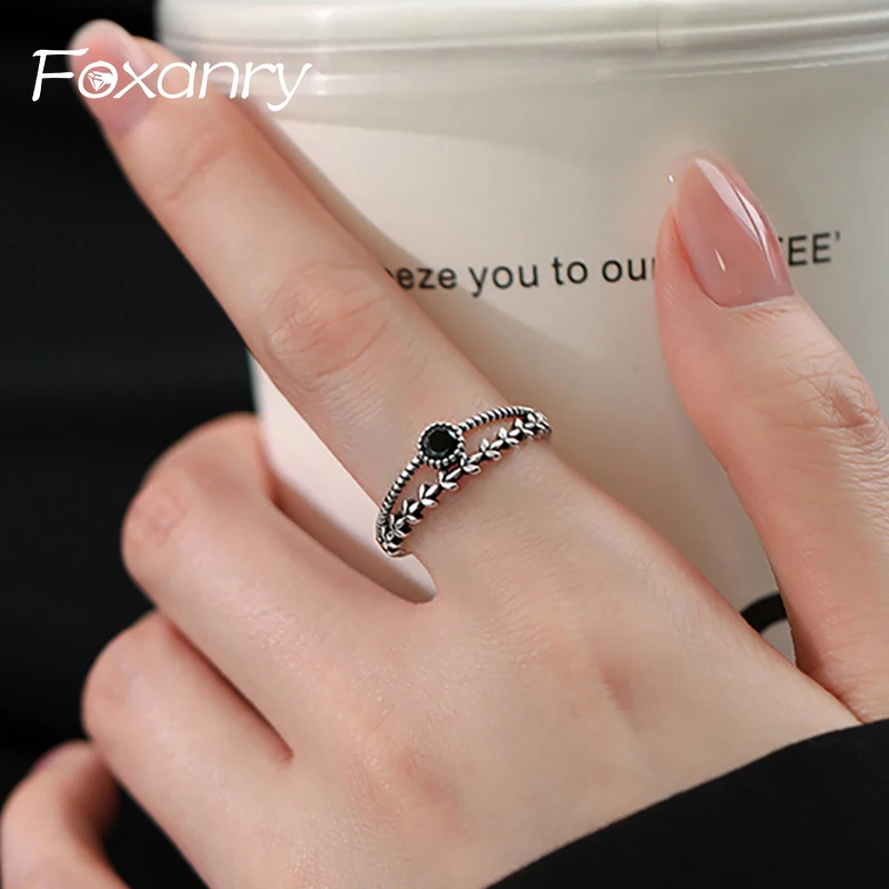 Foxanry Creative Design Black Zircons Rings pre ženy páry Kórejská móda Jednoduchá dvojvrstvová geometrická párty Darčeky šperkov