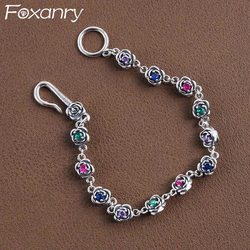 Foxanry Multicolor Zircons Kvetinový reťazec náramok pre ženy Nový módny vintage Punk narodeninové oslavy šperky darčeky