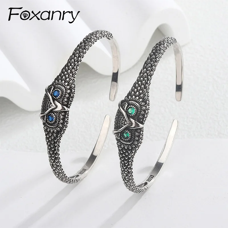 Foxanry strieborná farba Owl Geometric zirkón Cuff Cuff pre ženy páry nové módne vintage kreatívne narodeniny darčeky šperkov
